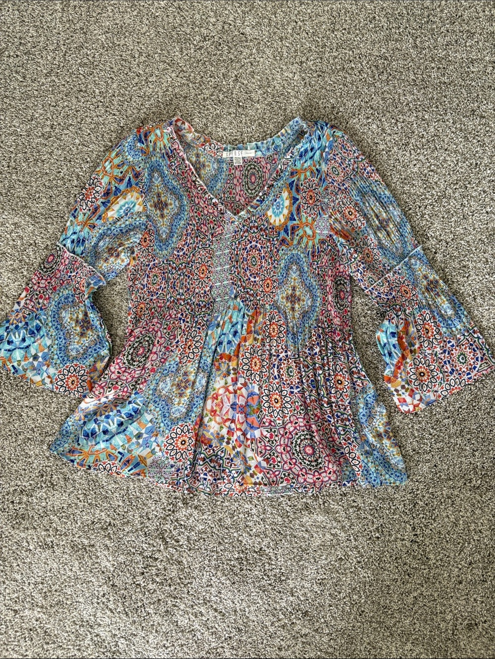 Spense Multicolor Mosaic V-Neck Bell Sleeve Tunic